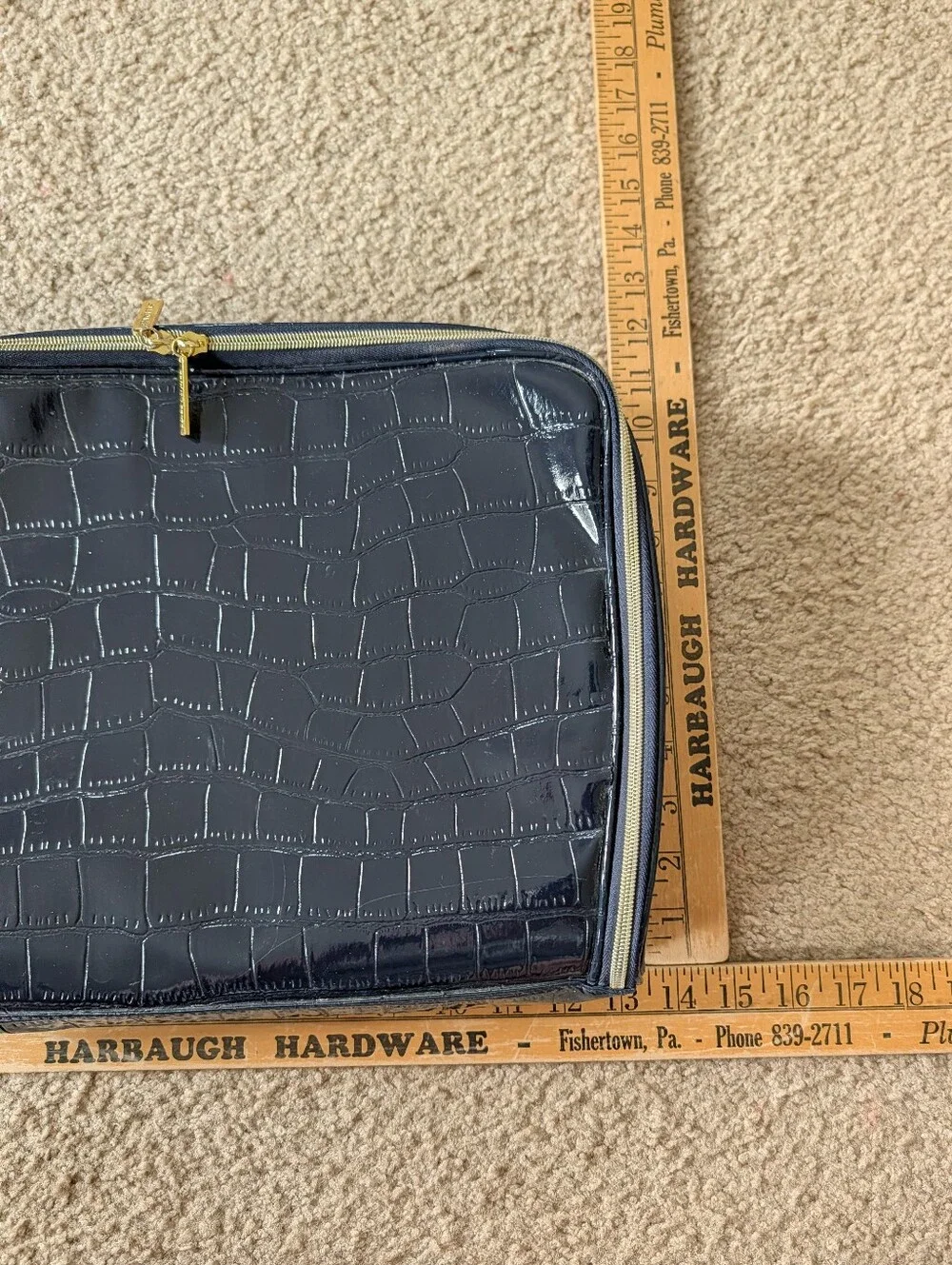 Estee Lauder Navy Blue Croc-Embossed Travel Case with Gold Pouch